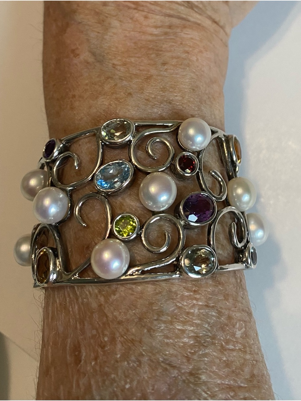 Vintage 925 CN China Multi-Gemstone and Pearl Swirl Cuff Bracelet